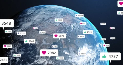 Starting rotating Earth globe mapping social engagement, icons appearing, counts Stock Footage 314743897