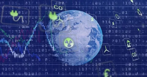 Starting rotating globe over binary grid, lines moving and icons orbiting Stock Footage 317117642