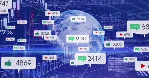 Starting rotation, rotating 3D globe displaying icons, animating charts showing Stock Footage 319783329