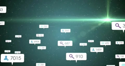 Starting with search icon floating, drifting icons updating counts under green Stock Footage 317593299