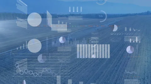Starting sensor feed pivot arm and plowed field showing data overlays over farm Stock Footage 331046108