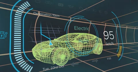 Starting simulation animating wireframe car accelerating, mode ring toggling Stock Footage 312757467
