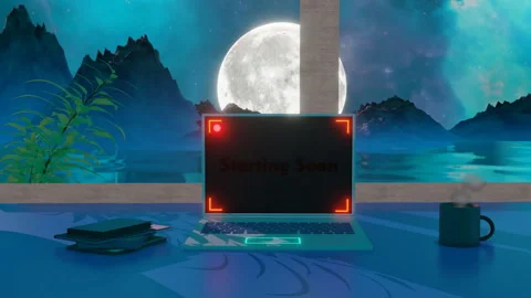 Starting Soon Screen Laptop On Study Table With Lake View On Full Moon Night Stock Footage 247457385