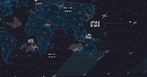 Starting with space, blue world map outline expanding into flat map, icons Stock Footage 315789848