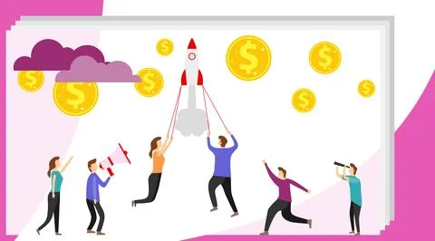 Starting a startup. The rocket pulls people up behind them. Vector Stockillustratie