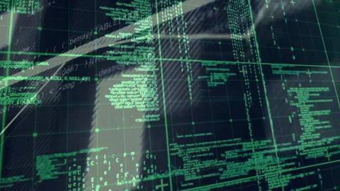 Starting from static grid, code snippets shifting into network lines, showing Stock Footage 313307611