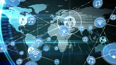 Starting stylized map centering glowing Africa icon, spawning pulsing nodes Stock Footage 329972361