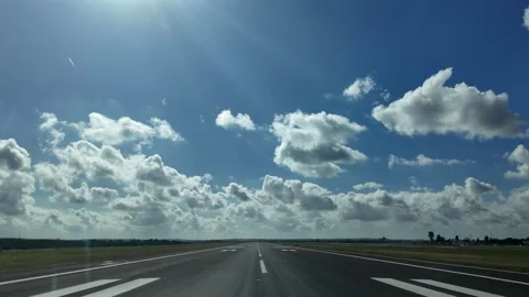 Starting the takeoff run through the pilot’s eyes from cockpit in a splendid Stock Footage 302148702