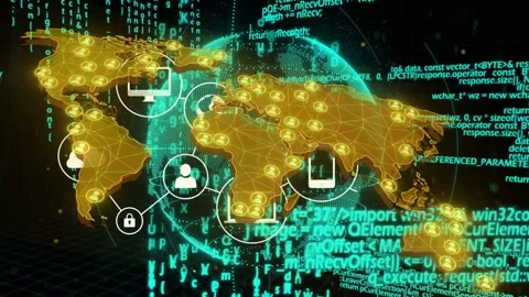 Starting teal globe rotating behind gold map, icons appearing, linking, showing Stock Footage 335652153