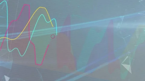 Starting on third frame neon cyan magenta yellow lines tracing waves with Stock Footage 334419078