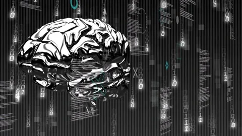 Starting tilt, chrome brain rotating, binary code streaming and cyan icons Stock Footage 334337920