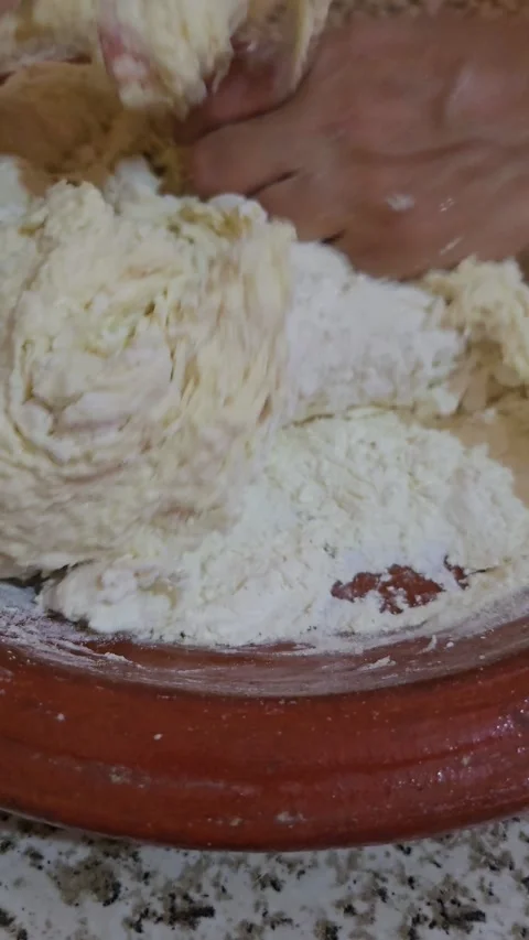 Starting Traditional Moroccan Dough Mixture in Wooden Bowl Close Up. Stock Footage 341675450