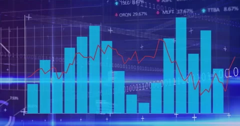 Starting turquoise chart bars rising and red line weaving binary digits Stock Footage 311916315
