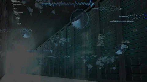 Starting view, server racks showing floating binary code and rotating radar HUD Stock Footage 314453669