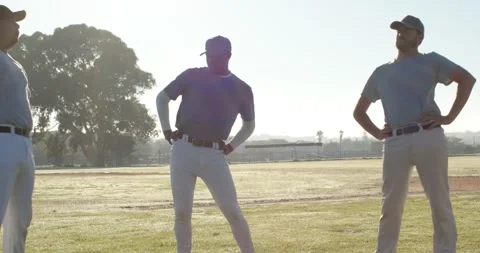 Starting warm-up diverse baseball teammates doing stretches on grassy field, Stock Footage 341393016