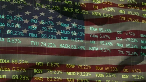 Starting waving US flag with ticker symbol grid percentages climbing then Stock Footage 310864443