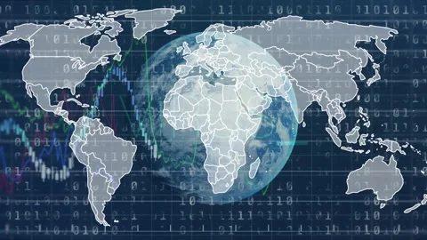 Starting Western outlines, globe rotating with binary code and animating charts Stock Footage 317799687