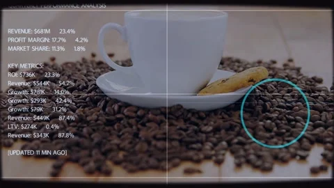 Starting, white cup with cookie on coffee beans, business metrics sliding, cyan Stock Footage 333967865