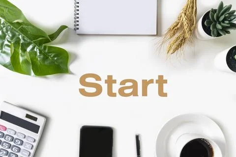 Starting on a white table with a calculator, mobile phone and coffee cups. .. Stock Illustration