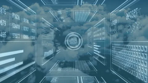 Starting wireframe corridor floating above clouds, panels sliding with HUD Stock Footage 314717065
