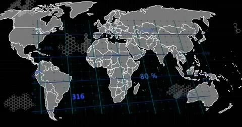 Starting with world map on grid tracing borders and flashing numbers over hex Stock Footage 318194819