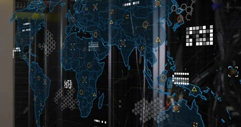 Starting world map overlay materializing on racks, icons and lines expanding for Stock Footage 320287200