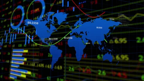 Starting world map sliding bars and sweeping trend lines spinning charts showing Stock Footage 310406338