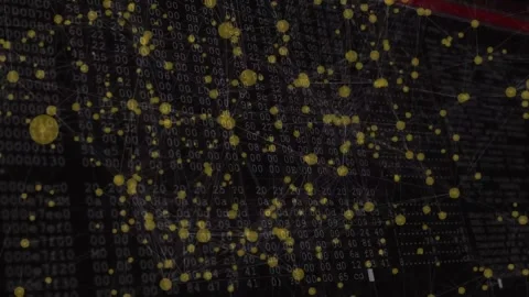 Starting yellow nodes floating, network clustering and rotating revealing binary Stock Footage 320287765