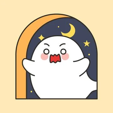 Startled Ghost Character In Arch Window With Moon And Stars Illustrazione stock
