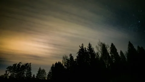 Startrails and rollig clouds over forest in 4k timelapse. Stock Footage 153827093