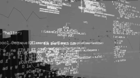 On startup, 3D bars emerging, code scrolling and waveform sweeping to visualize Stock Footage 312407589