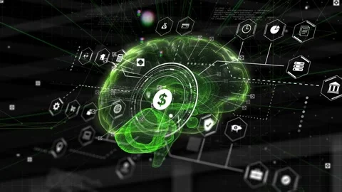 On startup 3D brain hologram rotating, HUD forming and icons linking to dollar, Stock Footage 334368274