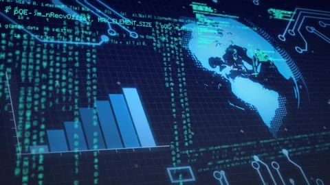 On startup 3D globe and bar chart emerging, code streaming circuits linking, Stock Footage 316625183
