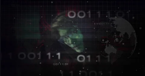 On startup 3D grid activating with map outline emerging as dotted globe rotating Stock Footage 309895984