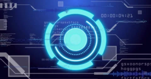 At startup 3D HUD circular interface rotating rings and refreshing code to Stock Footage 309873197