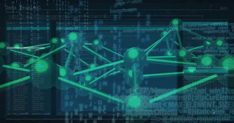 On startup 3D network drifting left and rotating to reveal data terminal Stock Footage 310972423