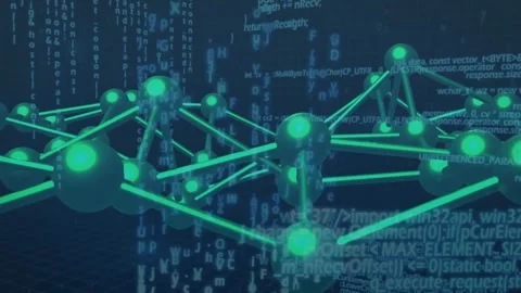 At startup, 3D network lattice orbiting, revealing green nodes and scrolling Stock Footage 317594474