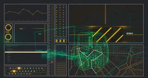 On startup 3D wireframe truck rotating while HUD panels appearing showing Stock Footage 327203096