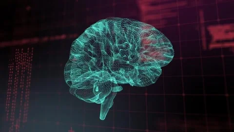 Startup activating teal wireframe brain rotating, pulsing, tilting to visualize Stock Footage 335211887
