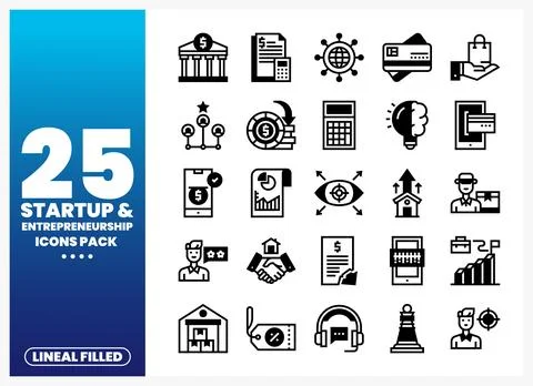 Startup and entrepreneurship icons in a grid on a blue gradient background. Stock Illustration
