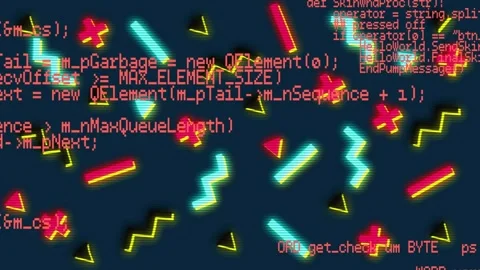 On startup animated neon shapes flickering and code lines scrolling down evoking Stock Footage 329694565