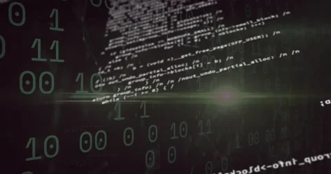 On startup binary digits drifting and code panels sliding, shrinking and fading Video stock 318260485