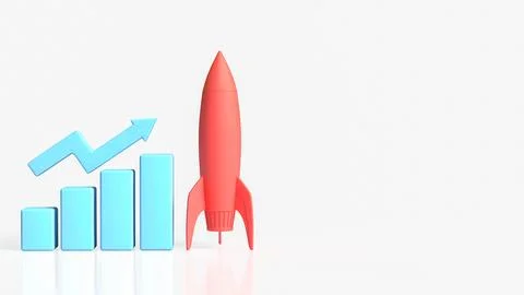 Startup Business Growth Launch with Rocket and Rising Chart 3d render. Stock Illustration