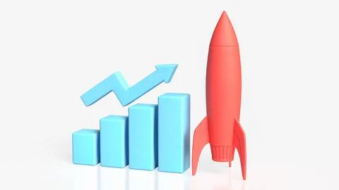 Startup Business Growth Launch with Rocket and Rising Chart 3d render. 스톡 일러스트