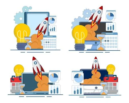 Startup business project and rocket launch concept set 스톡 일러스트
