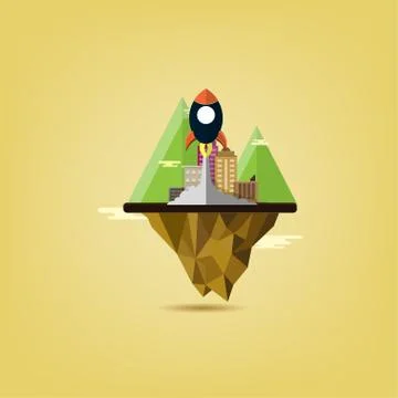 Startup business project rocket flying above clouds. Flat Design Urban city L Stock Illustration