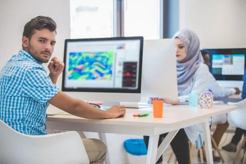 Startup business, software developer working on desktop computer 写真素材