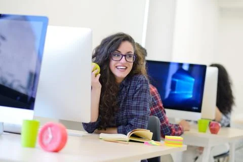 Startup business, software developer working on computer at modern office Stockfoto's