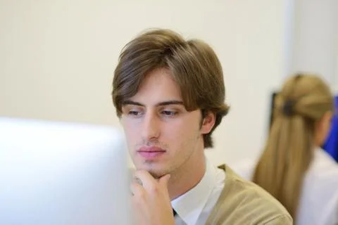 Startup business, software developer working on computer at modern office Stockfoto's