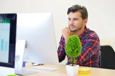 Startup business, software developer working on computer at modern office Stockfoto's